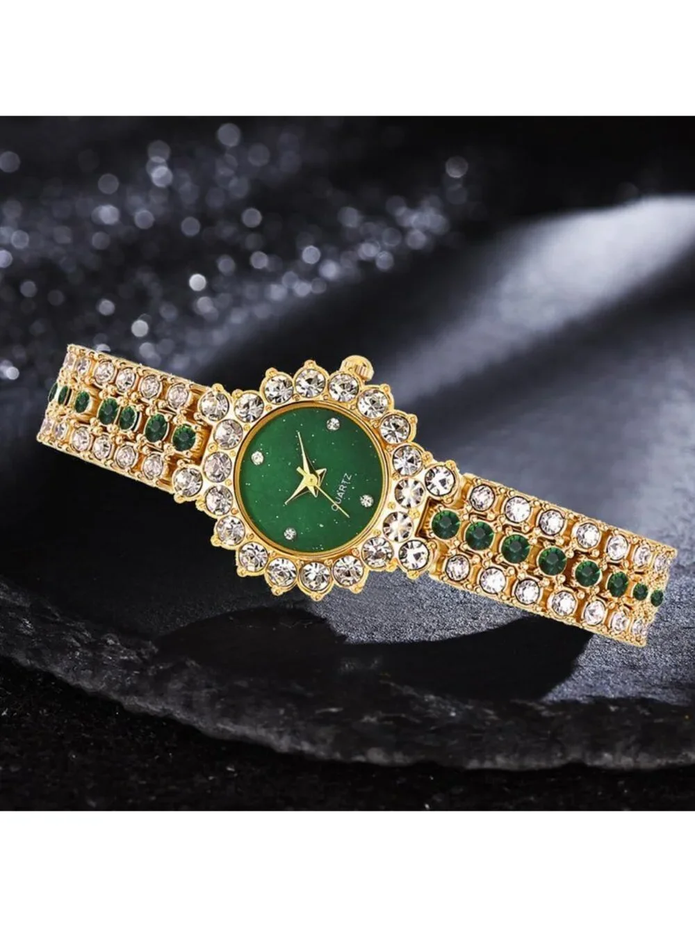 Women's Green Analog Quartz Elegant Steel Belt Diamonds Bracelet Set Wrist Watch